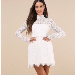 Lulu Gorgeous Attraction White Lace Structured Long Sleeve Mini Dress